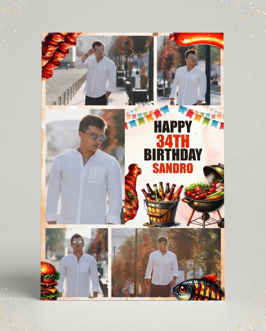 Personalised BBQ Theme Birthday Party Mega Card displayed against a plain studio background