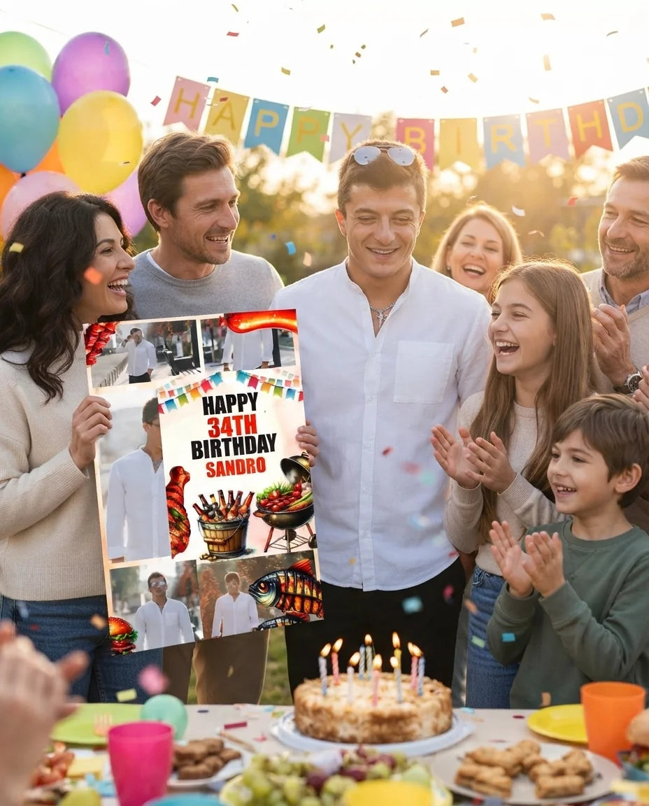 Friends and family celebrating with the personalised BBQ Theme Birthday Party Mega Card