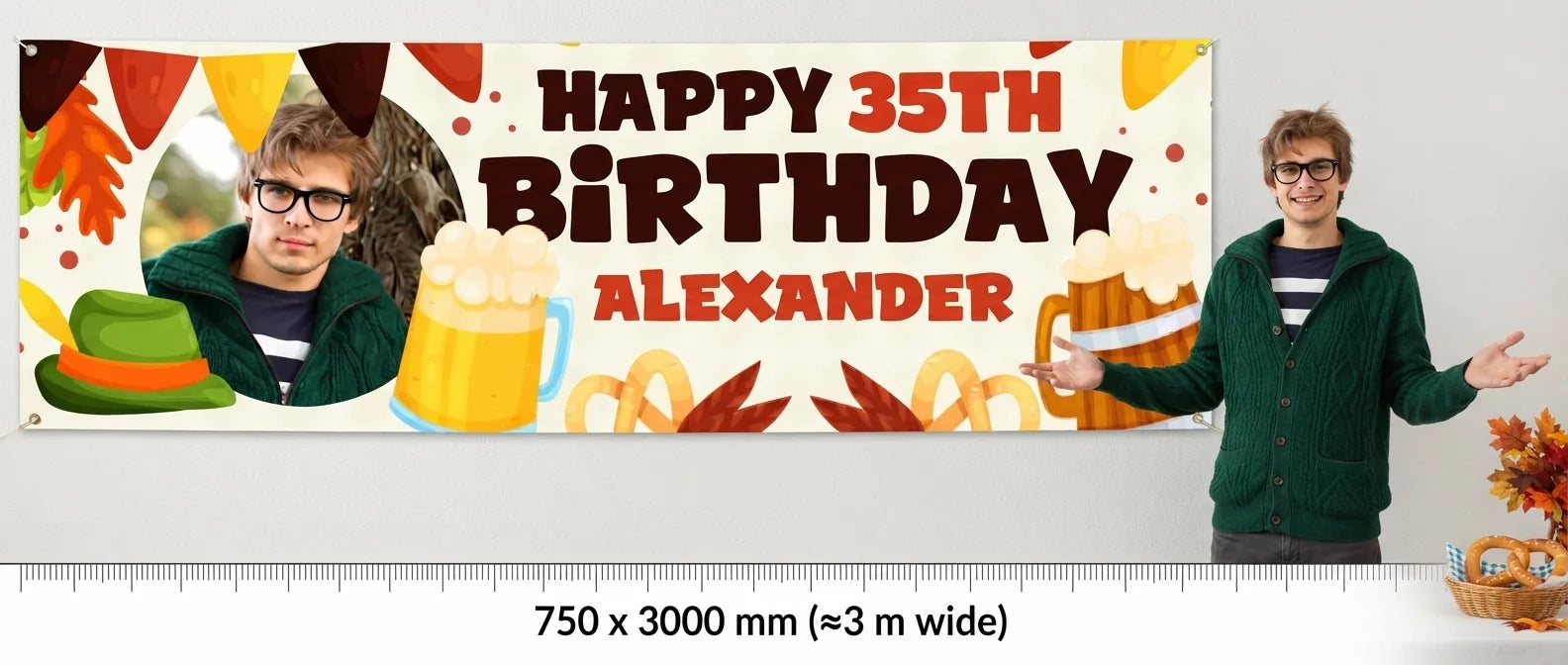 Person standing beside the Oktober Fest Birthday Party Banner for scale, with size guide showing 750 x 3000 mm