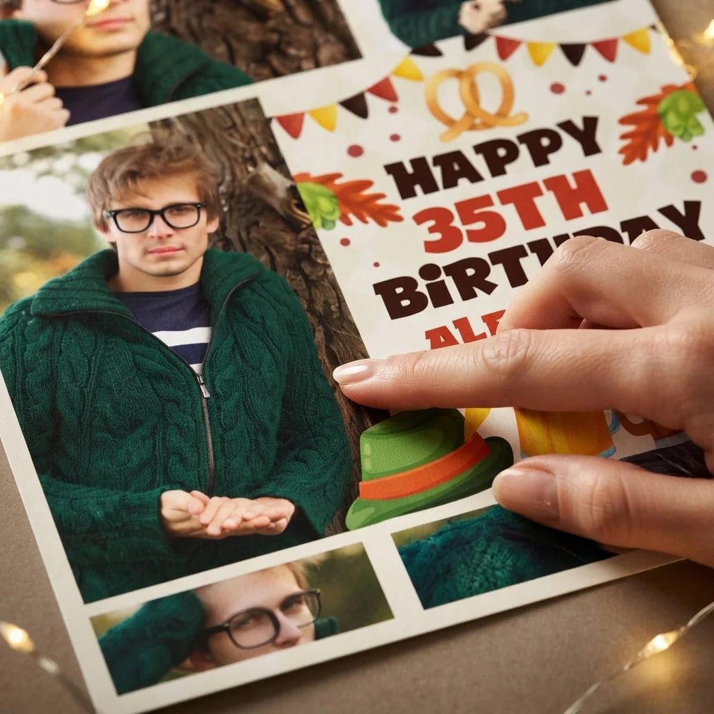 Close-up of the personalised name and photo printed on the Oktober Fest Birthday Party Mega Card