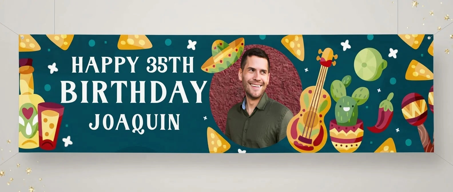 Personalised Taco Theme Birthday Party Banner displayed against a plain studio background