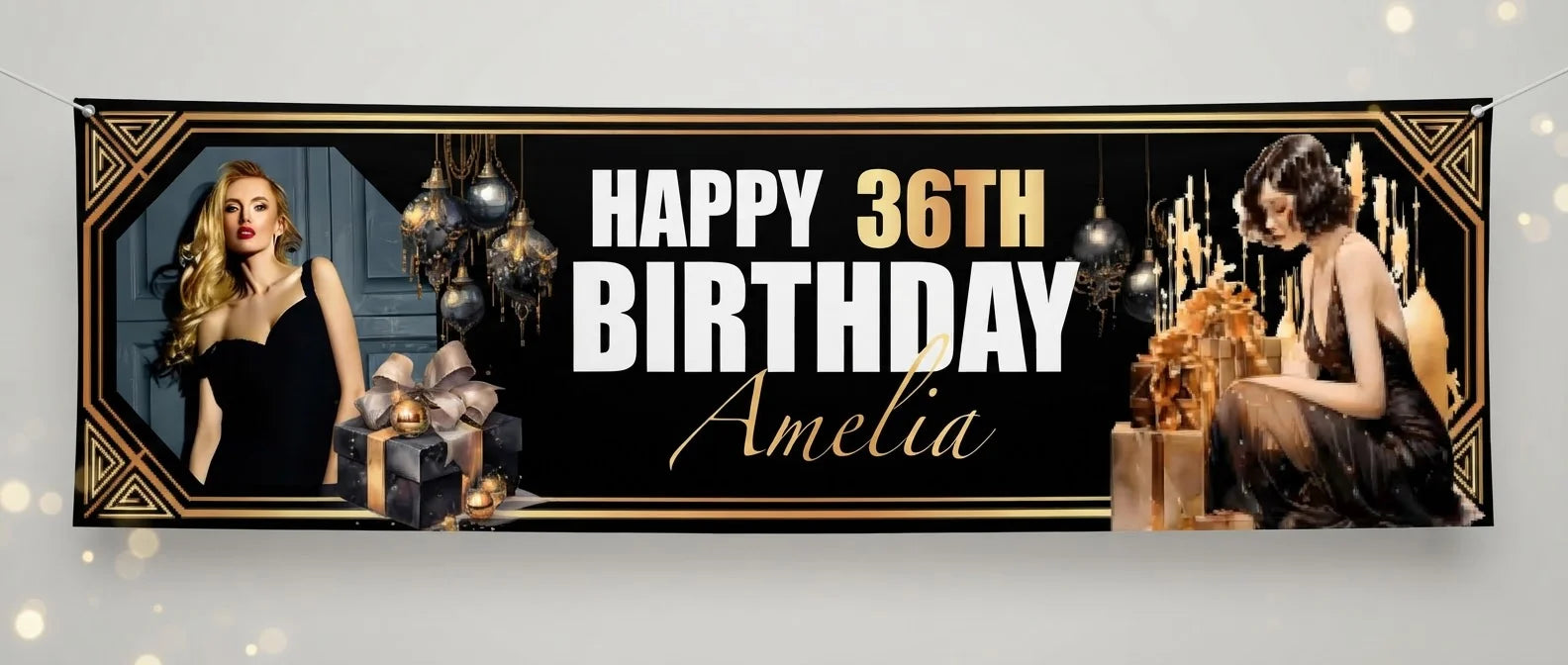Personalised Great Gatsby Theme Birthday Party Banner displayed against a plain studio background