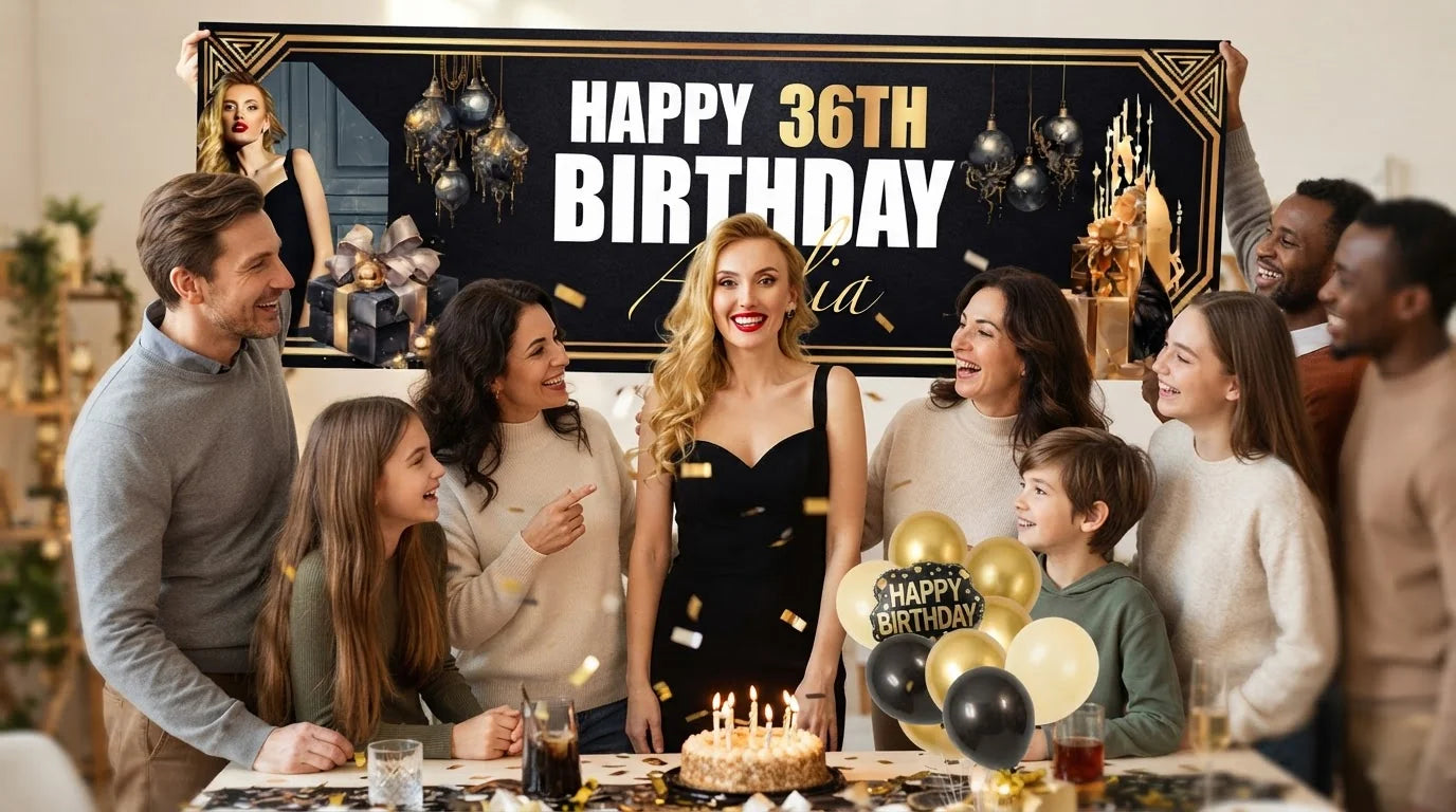 Friends and family celebrating with the personalised Great Gatsby Theme Birthday Party Banner