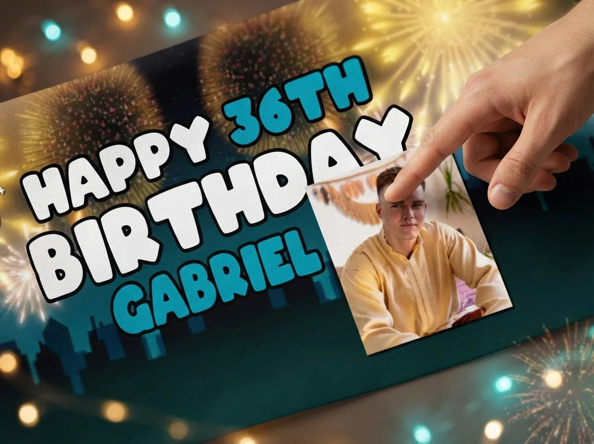 Close-up of the personalised name and photo printed on the New Years Eve Birthday Party Banner