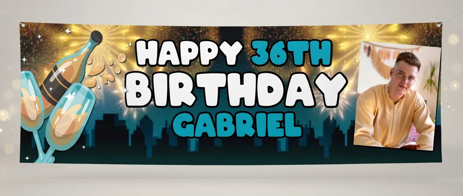 Personalised New Years Eve Birthday Party Banner displayed against a plain studio background