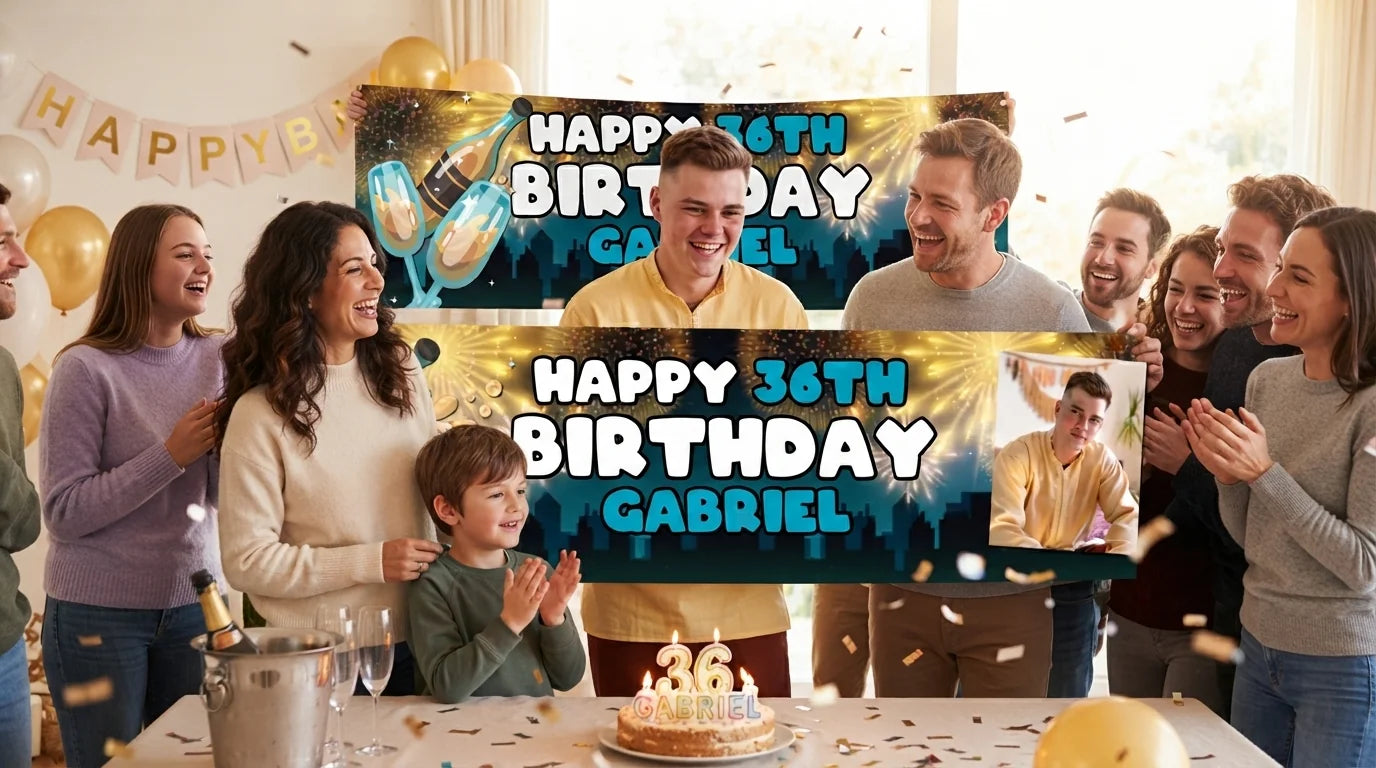 Friends and family celebrating with the personalised New Years Eve Birthday Party Banner