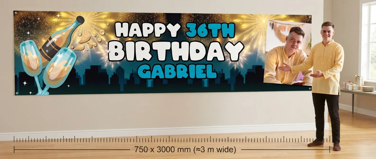 Person standing beside the New Years Eve Birthday Party Banner for scale, with size guide showing 750 x 3000 mm