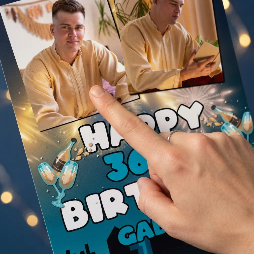 Close-up of the personalised name and photo printed on the New Years Eve Birthday Party Mega Card