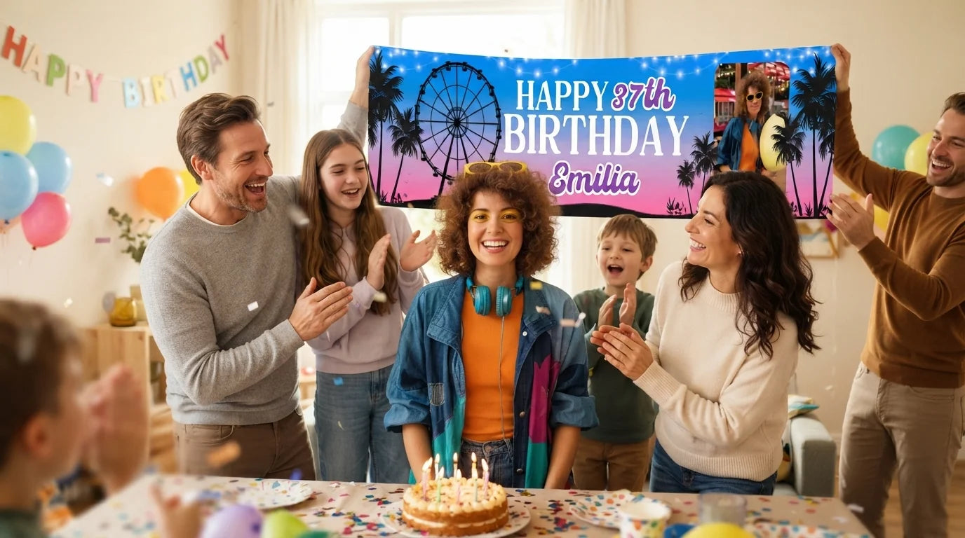 Friends and family celebrating with the personalised Coachella Theme Birthday Party Banner