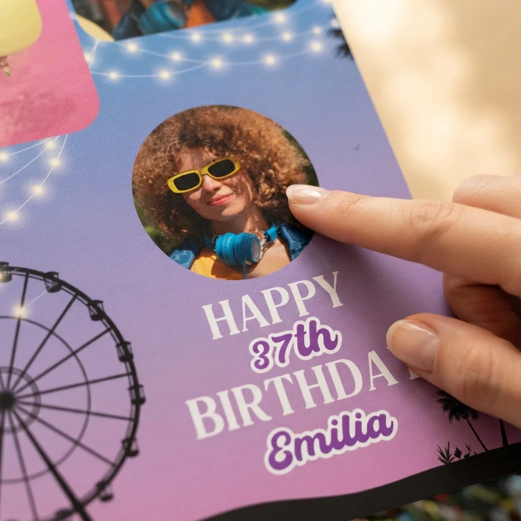 Close-up of the personalised name and photo printed on the Coachella Theme Birthday Party Mega Card