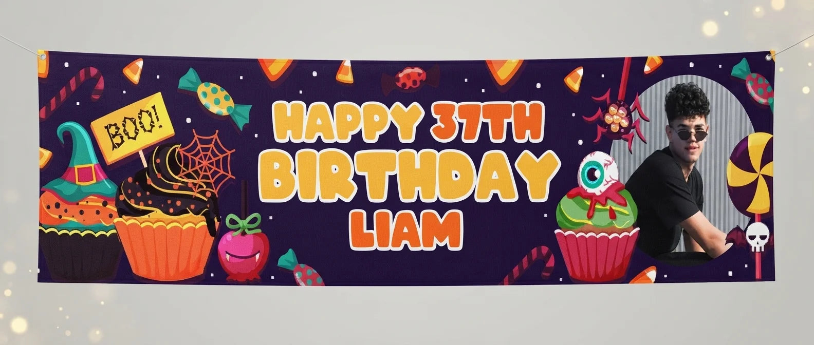 Personalised Halloween Candies Theme Birthday Party Banner displayed against a plain studio background