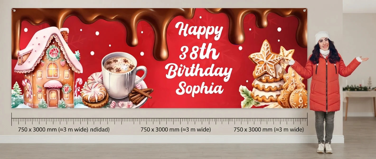 Person standing beside the Christmas Cookies and Cocoa Birthday Party Banner for scale, with size guide showing 750 x 3000 mm