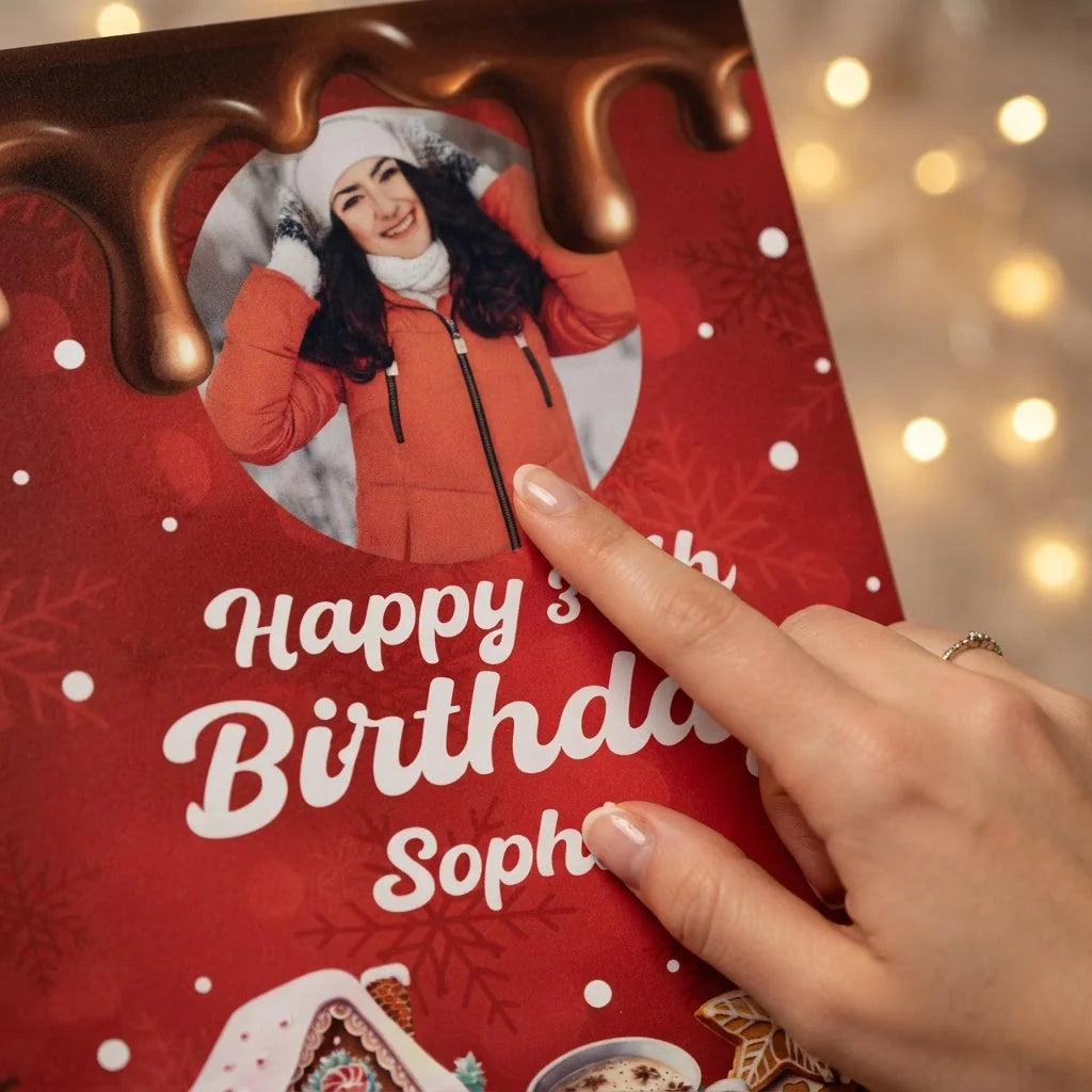 Close-up of the personalised name and photo printed on the Christmas Cookies and Cocoa Birthday Party Mega Card