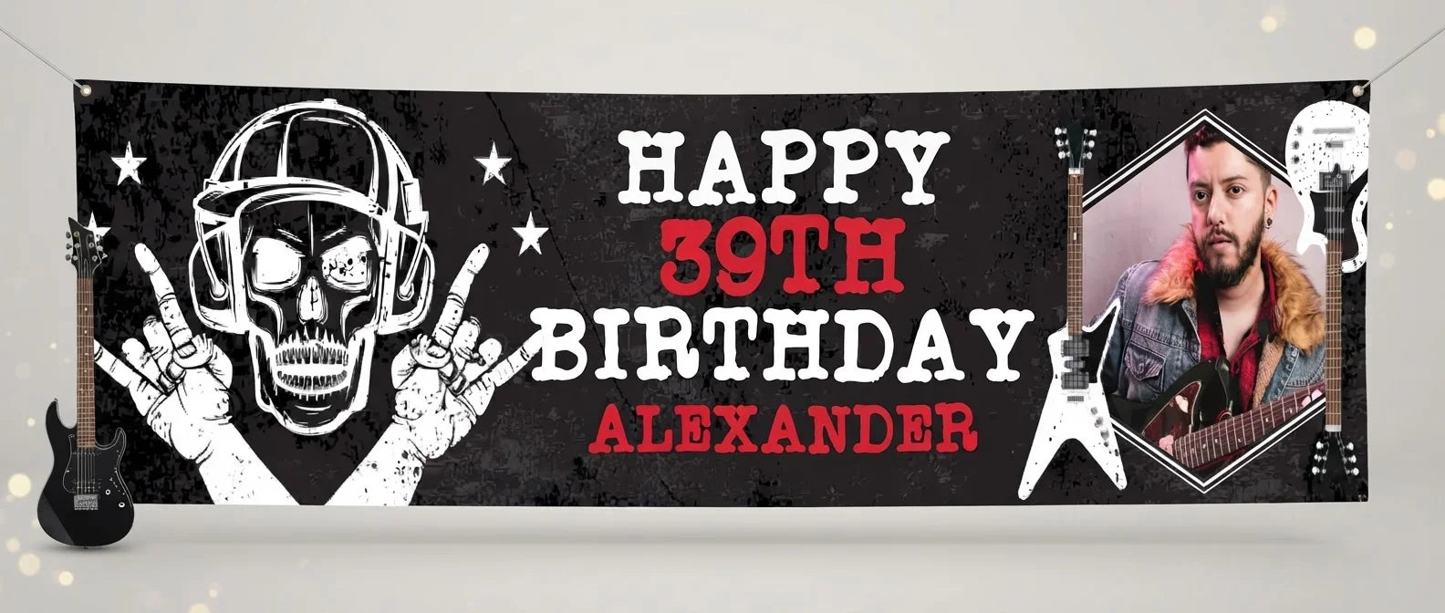Personalised Rockstar Theme Birthday Party Banner displayed against a plain studio background