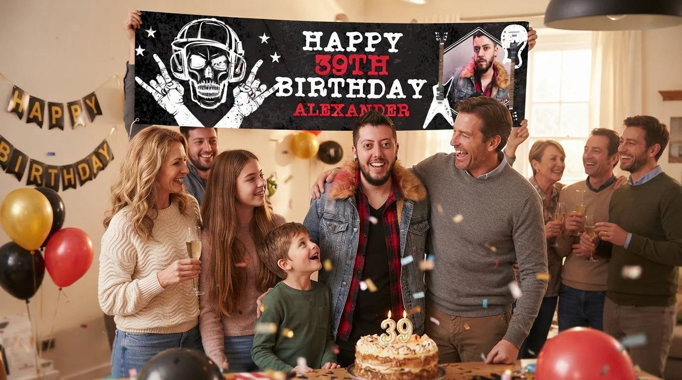 Friends and family celebrating with the personalised Rockstar Theme Birthday Party Banner