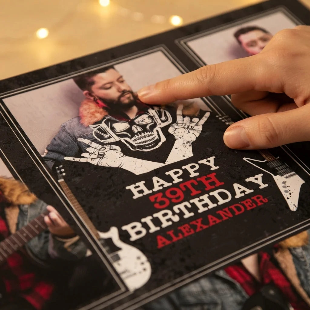 Close-up of the personalised name and photo printed on the Rockstar Theme Birthday Party Mega Card