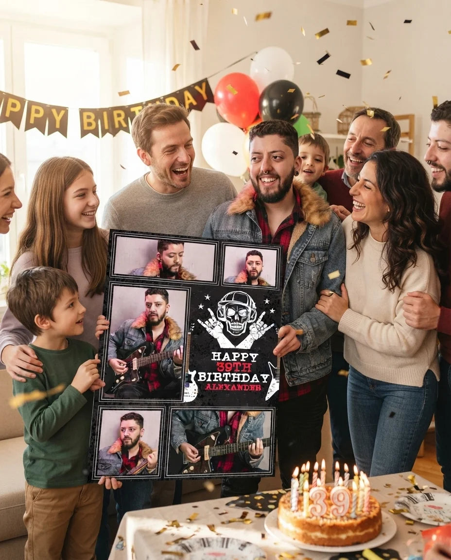 Friends and family celebrating with the personalised Rockstar Theme Birthday Party Mega Card
