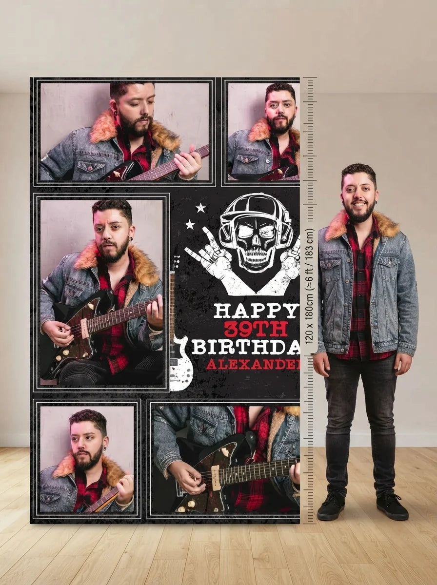 Person standing beside the Rockstar Theme Birthday Party Mega Card for scale in a size guide