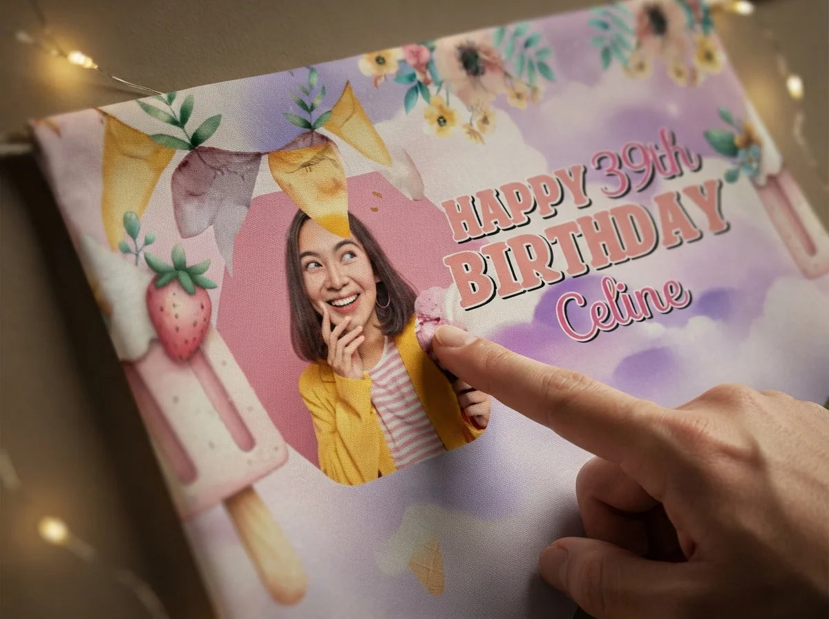 Close-up of the personalised name and photo printed on the Whimsical Ice Cream Theme Birthday Party Banner