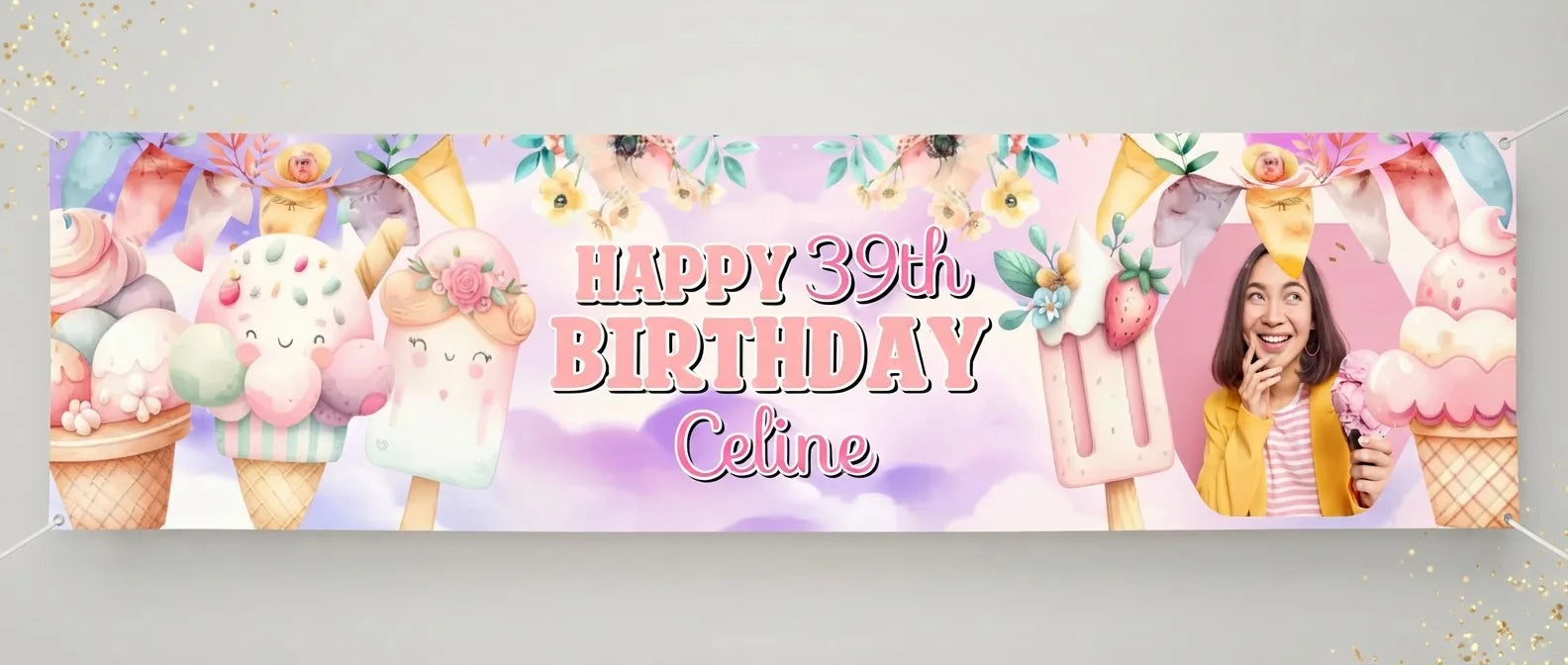 Personalised Whimsical Ice Cream Theme Birthday Party Banner displayed against a plain studio background