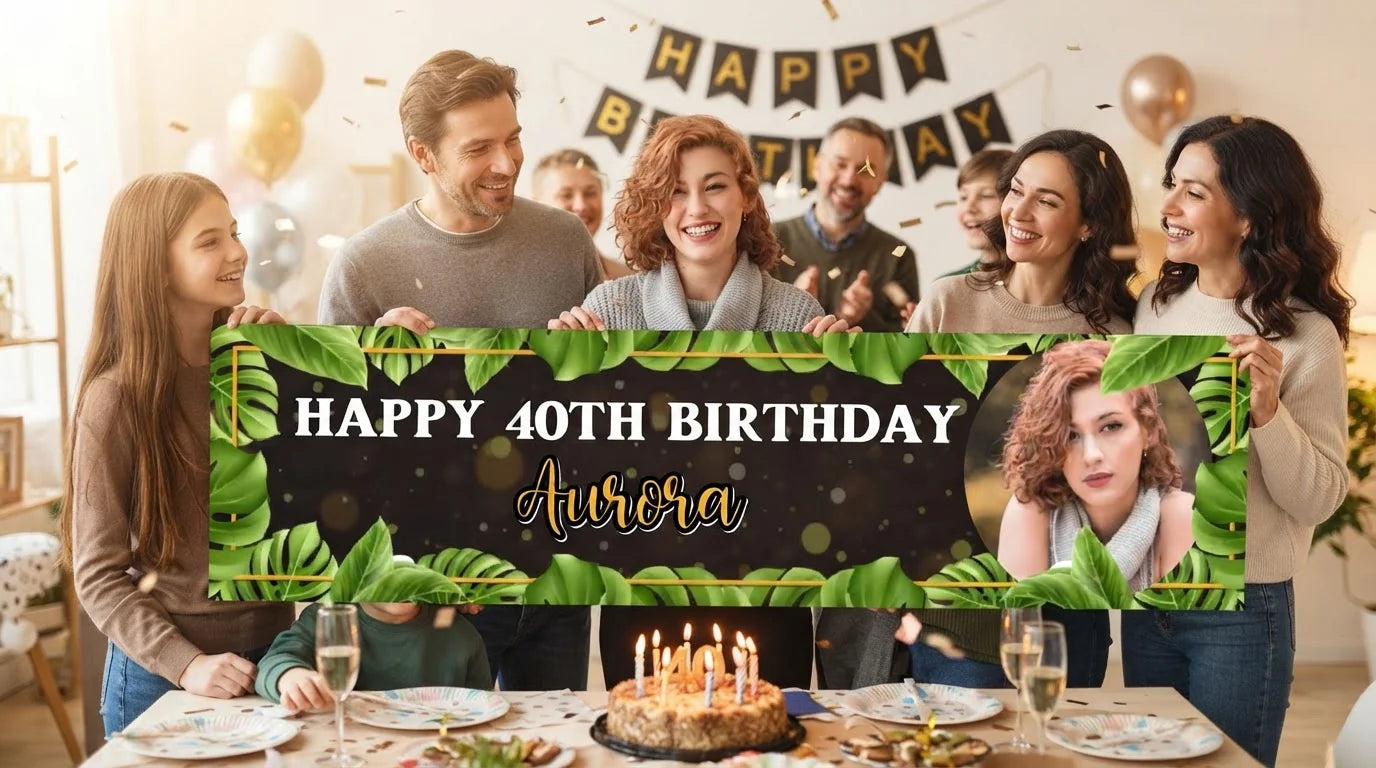 Friends and family celebrating with the personalised Black Tropical Birthday Party Banner