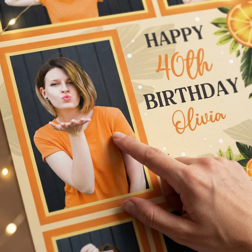 Close-up of the personalised name and photo printed on the Orange Citrus Birthday Party Mega Card