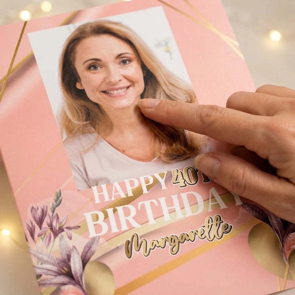 Close-up of the personalised name and photo printed on the Pink and Gold Theme Birthday Party Mega Card