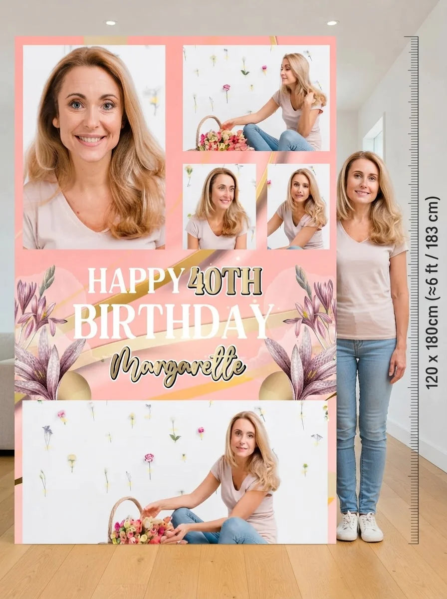 Person standing beside the Pink and Gold Theme Birthday Party Mega Card for scale in a size guide