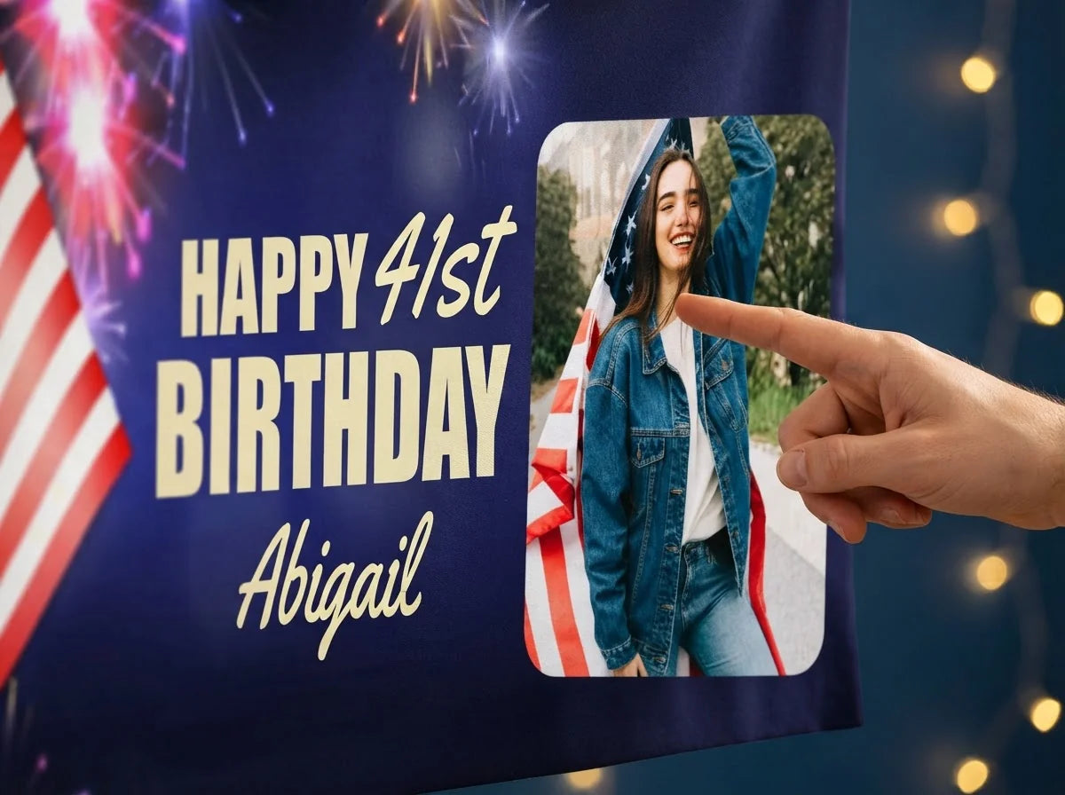 Close-up of the personalised name and photo printed on the 4th of July Theme Birthday Party Banner