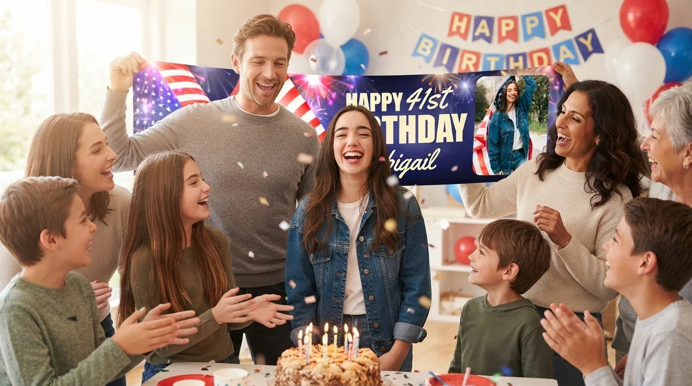 Friends and family celebrating with the personalised 4th of July Theme Birthday Party Banner