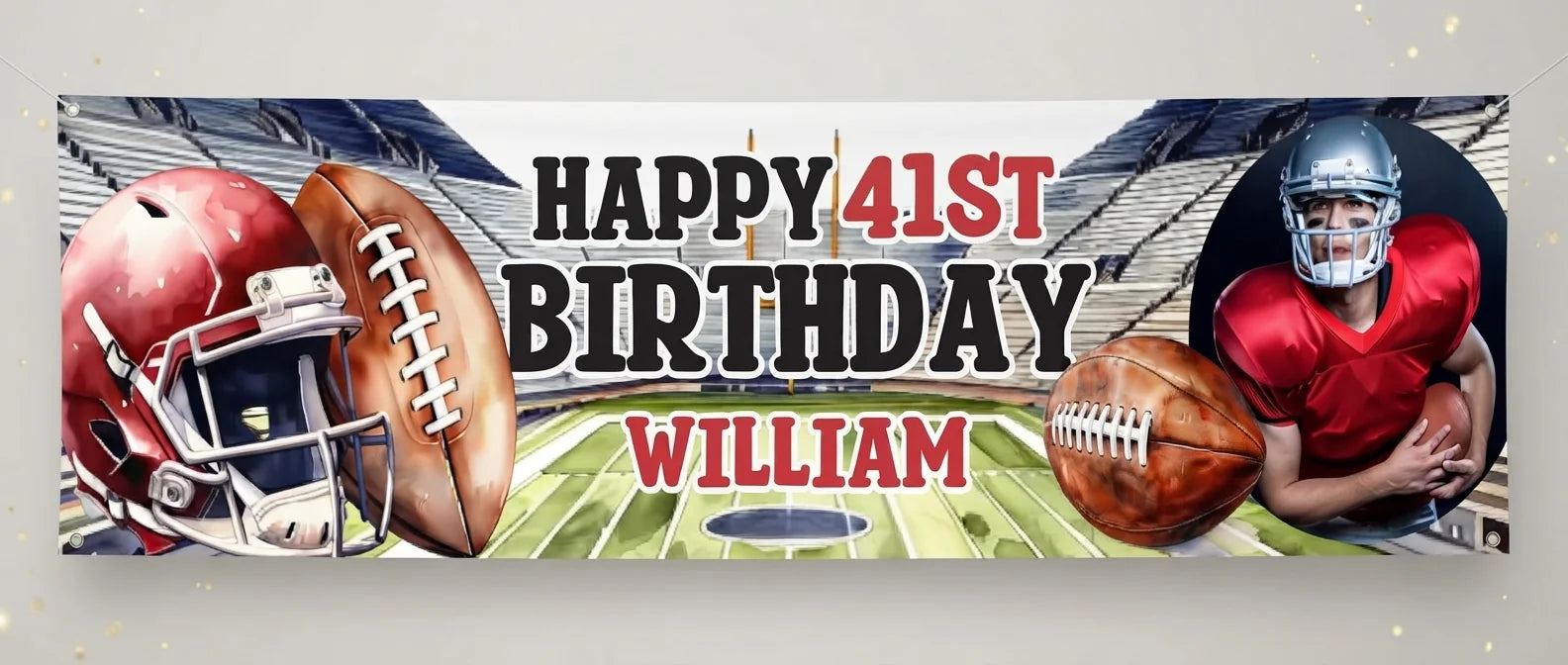 Personalised American Football Theme Birthday Party Banner displayed against a plain studio background