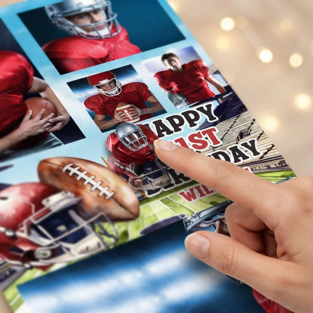 Close-up of the personalised name and photo printed on the American Football Theme Birthday Party Mega Card