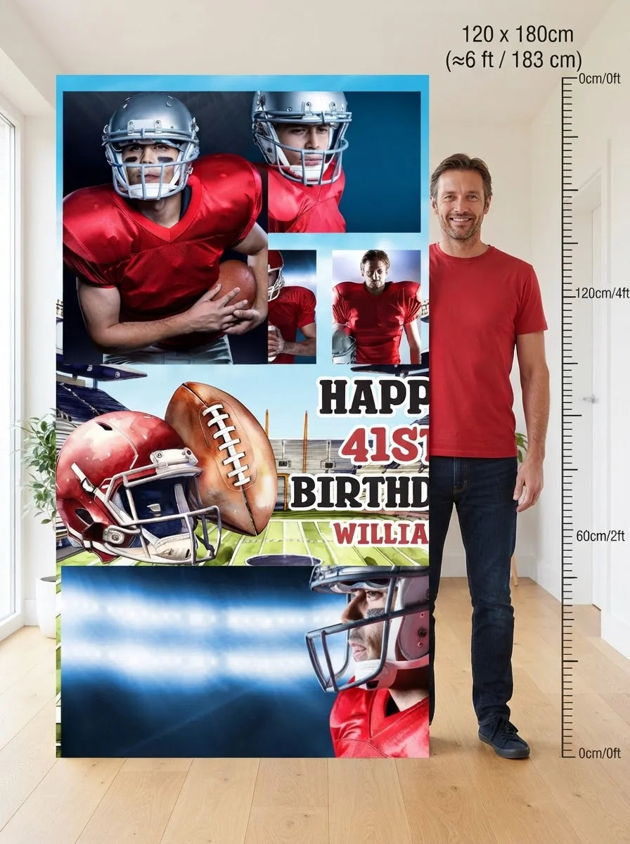 Person standing beside the American Football Theme Birthday Party Mega Card for scale in a size guide