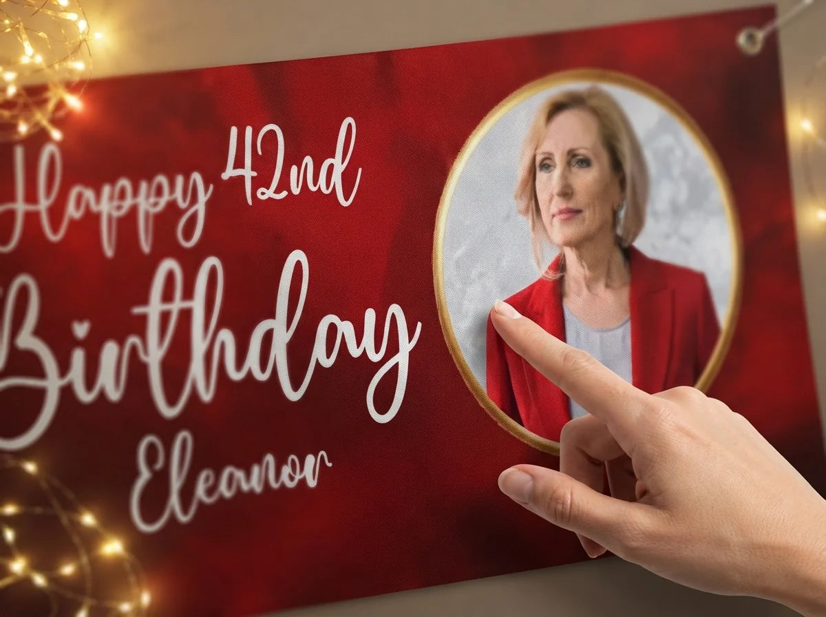 Close-up of the personalised name and photo printed on the All Hail The Queen Birthday Party Banner