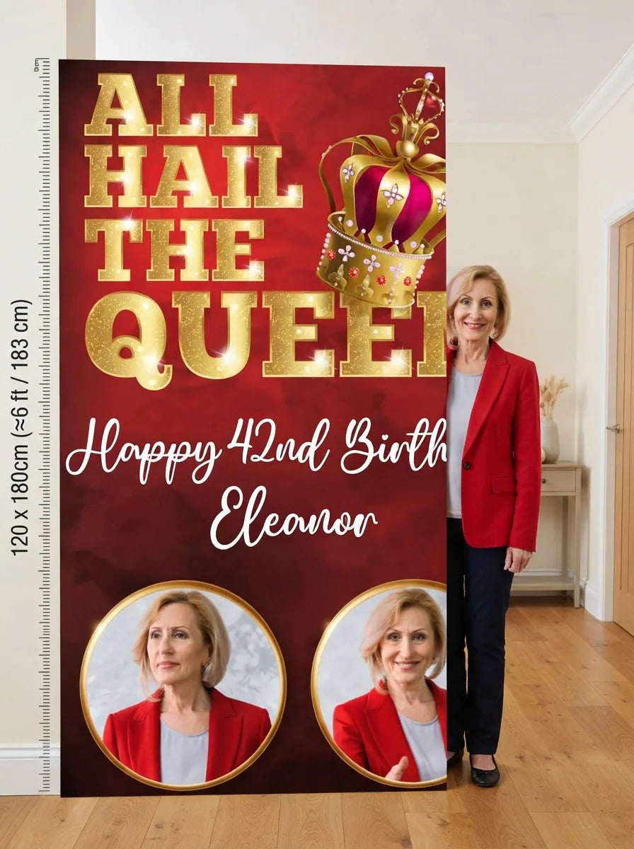 Person standing beside the All Hail The Queen Birthday Party Mega Card for scale in a size guide