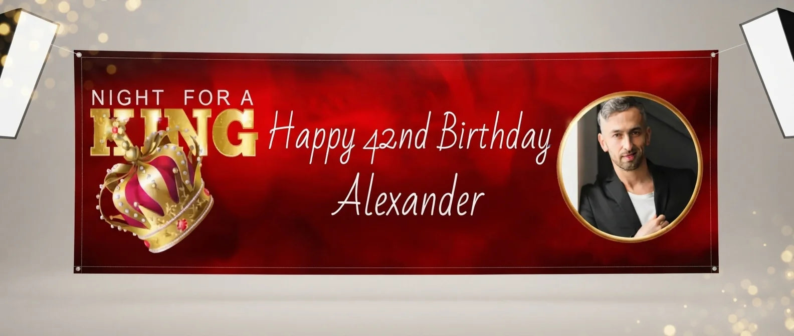 Personalised Night For a King Birthday Party Banner displayed against a plain studio background