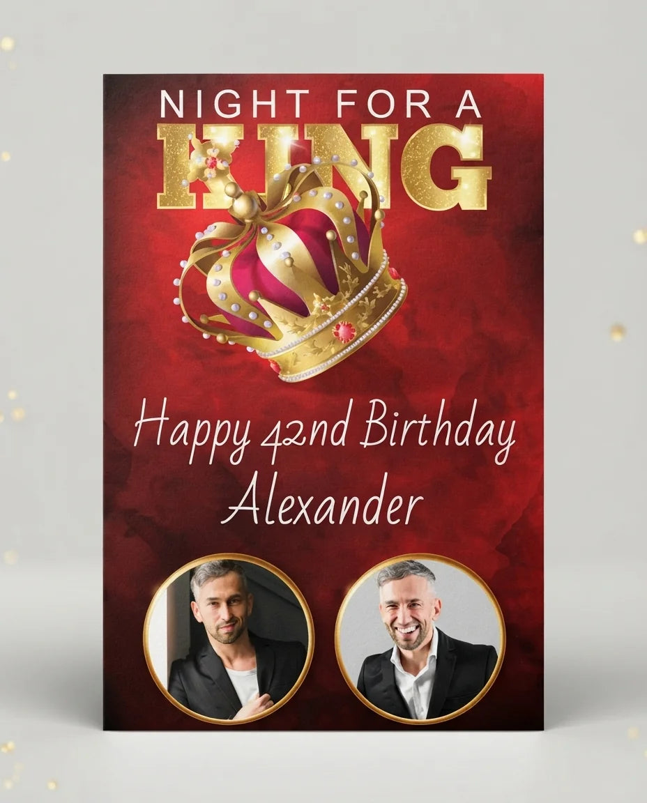 Personalised Night For a King Birthday Party Mega Card displayed against a plain studio background