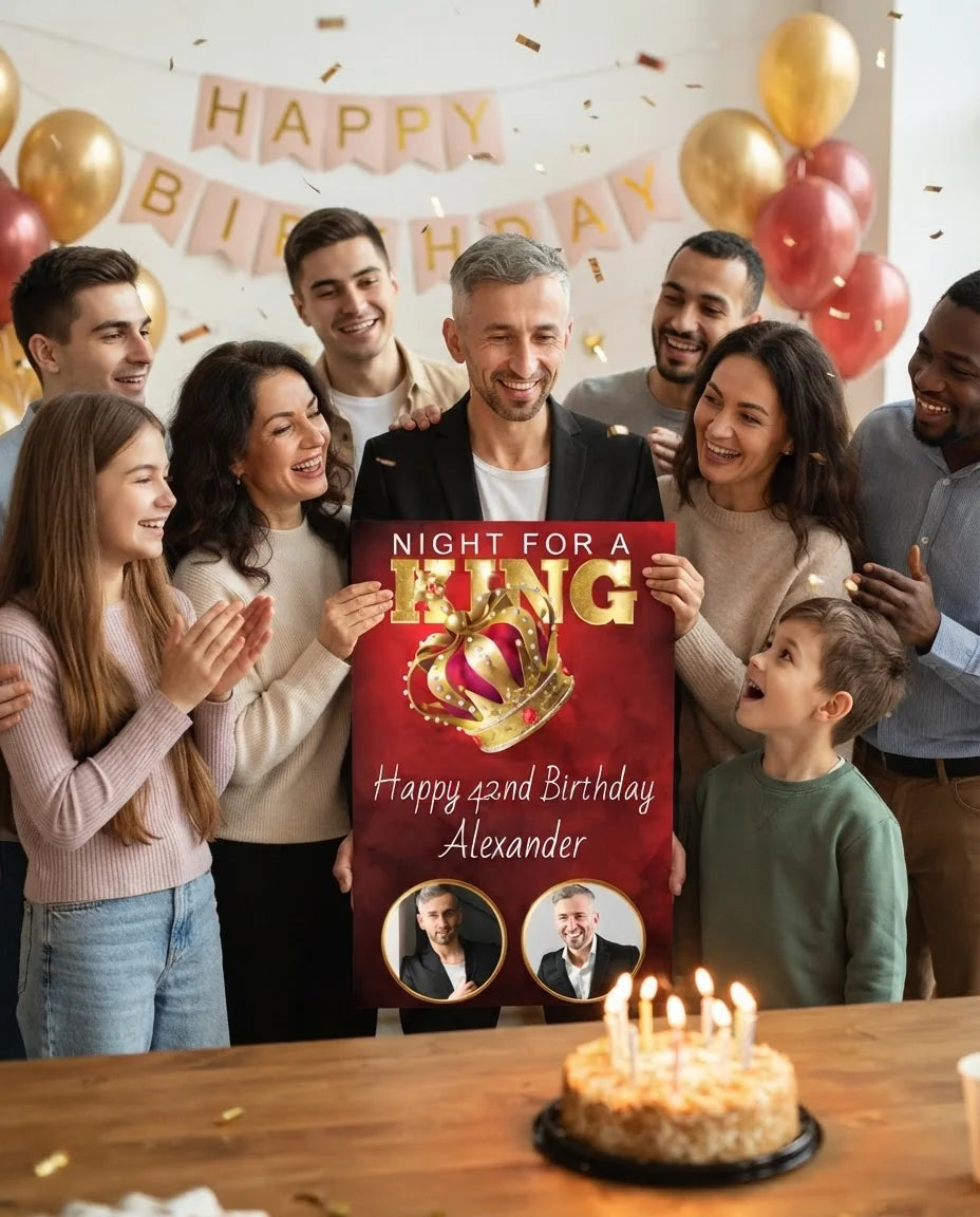 Friends and family celebrating with the personalised Night For a King Birthday Party Mega Card