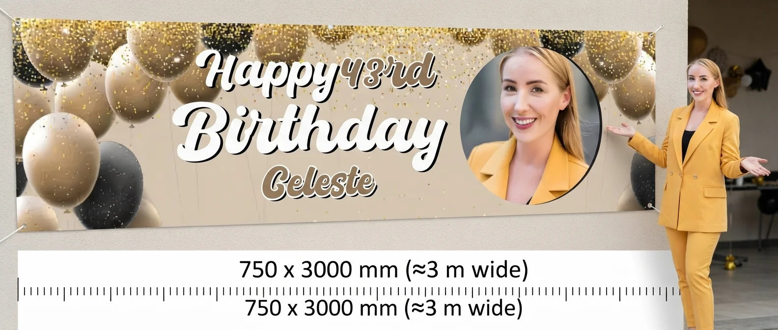 Person standing beside the Gold Brown Black Theme Birthday Party Banner for scale, with size guide showing 750 x 3000 mm