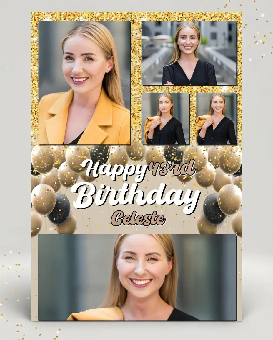 Personalised Gold Brown Black Theme Birthday Party Mega Card displayed against a plain studio background
