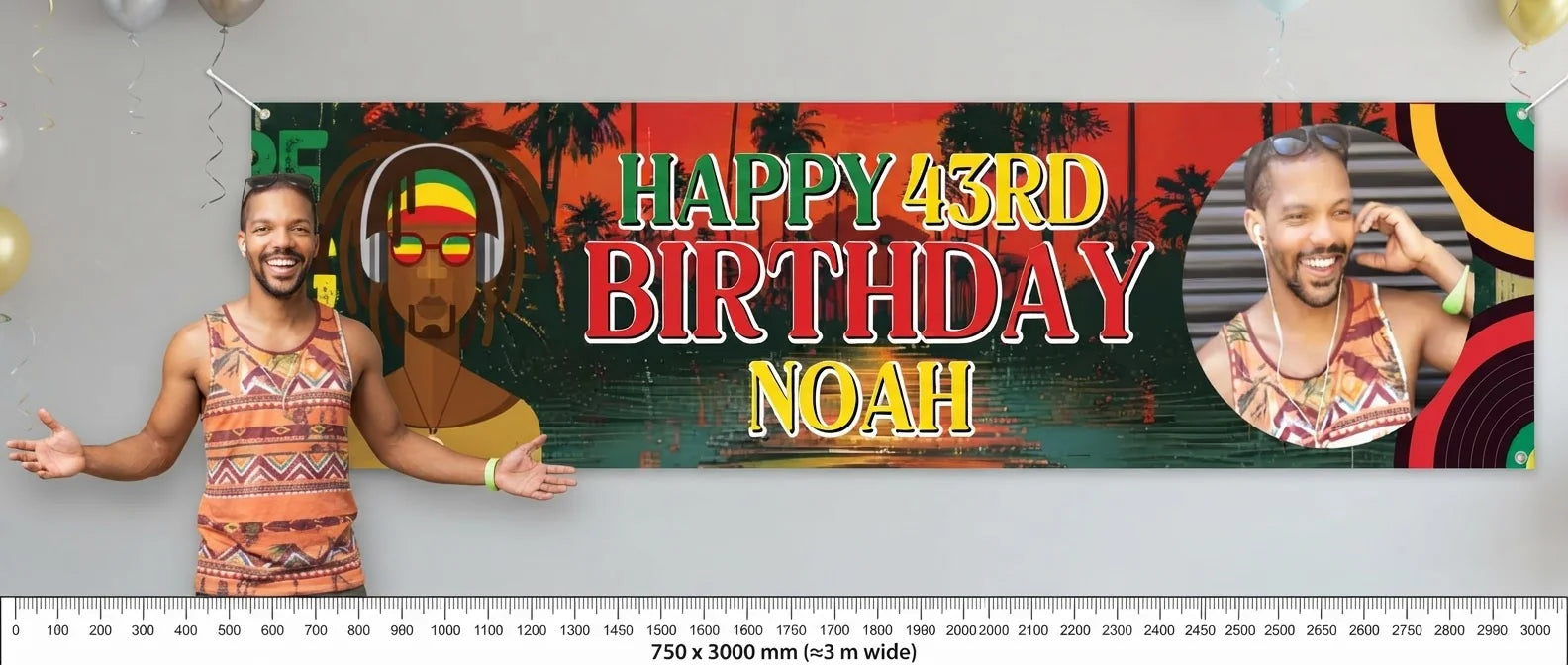 Person standing beside the Reggae Theme Birthday Party Banner for scale, with size guide showing 750 x 3000 mm