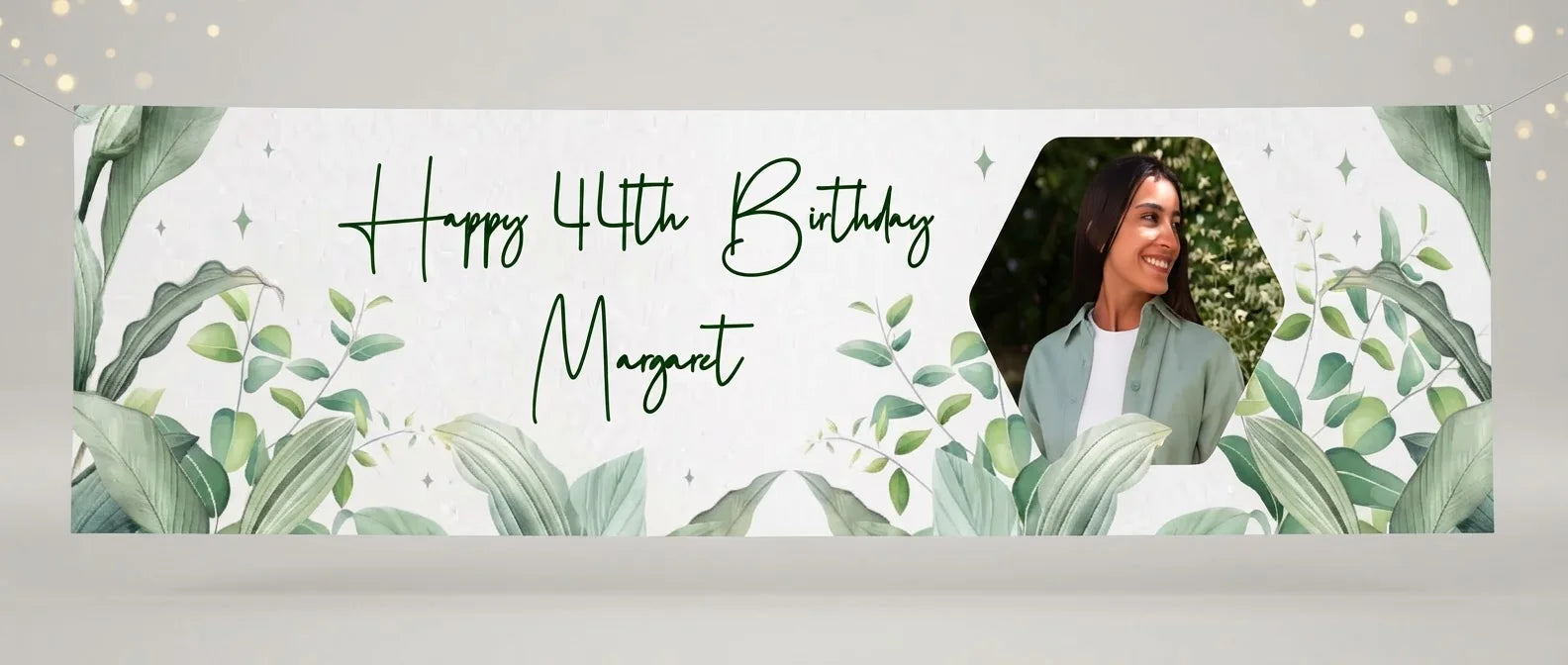 Personalised Botanical Theme Birthday Party Banner displayed against a plain studio background