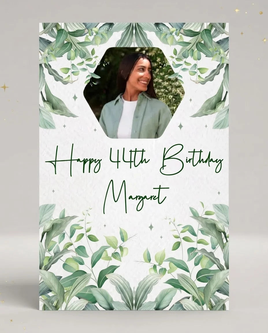 Personalised Botanical Theme Birthday Party Mega Card displayed against a plain studio background