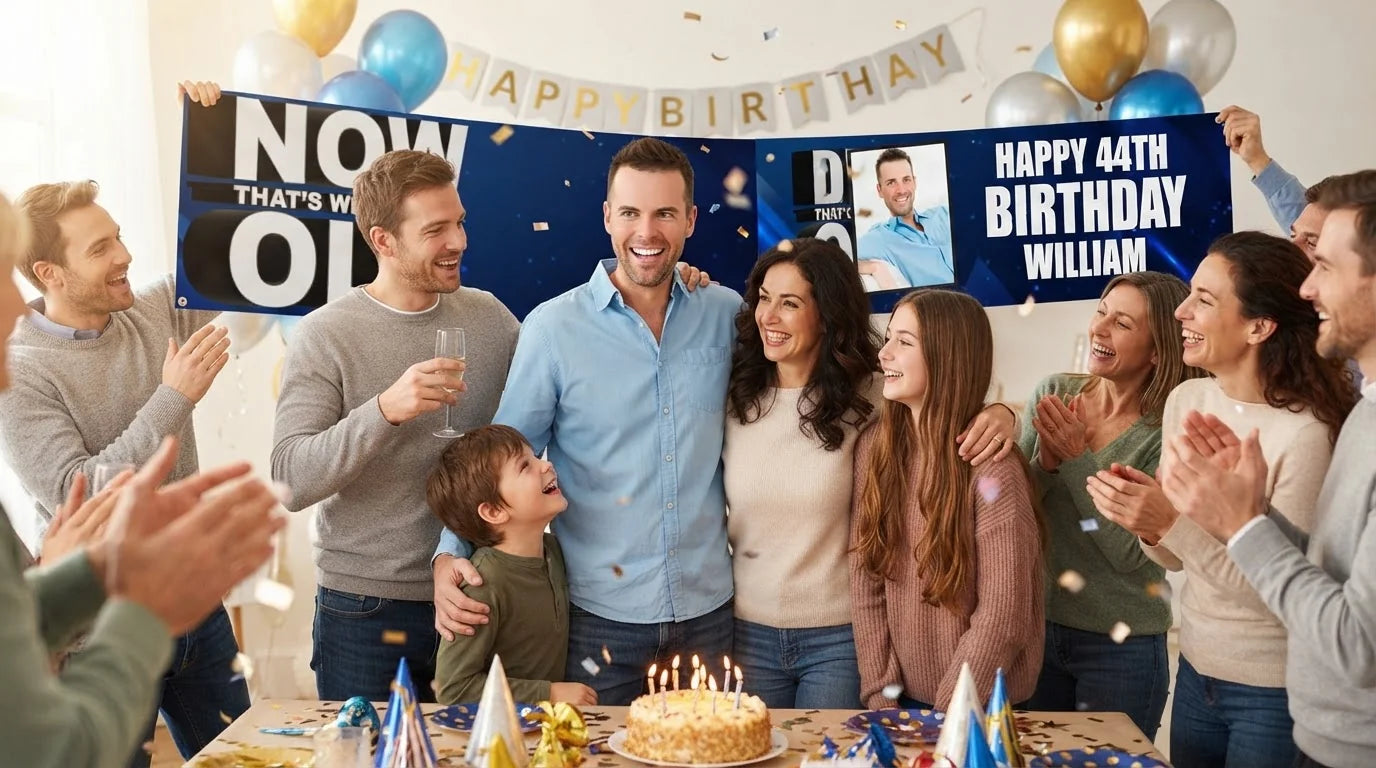 Friends and family celebrating with the personalised Now That's What I'll Call Old Birthday Banner