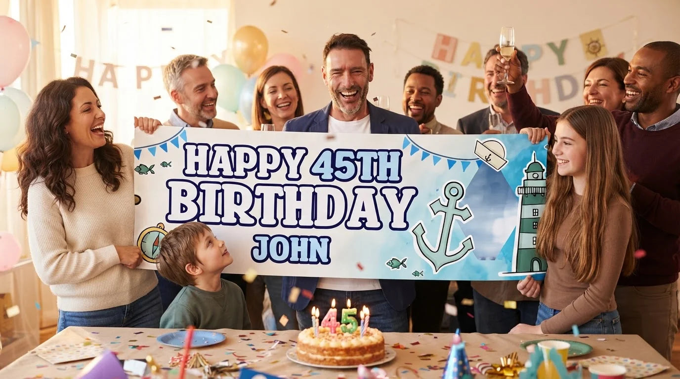 Friends and family celebrating with the personalised Nautical Birthday Party Banner