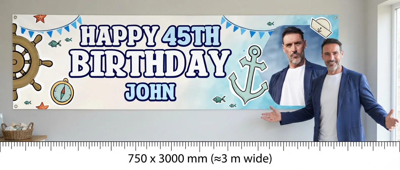 Person standing beside the Nautical Birthday Party Banner for scale, with size guide showing 750 x 3000 mm