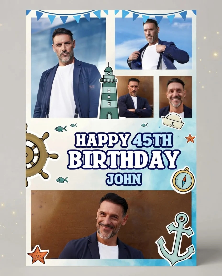 Personalised Nautical Birthday Party Mega Card displayed against a plain studio background