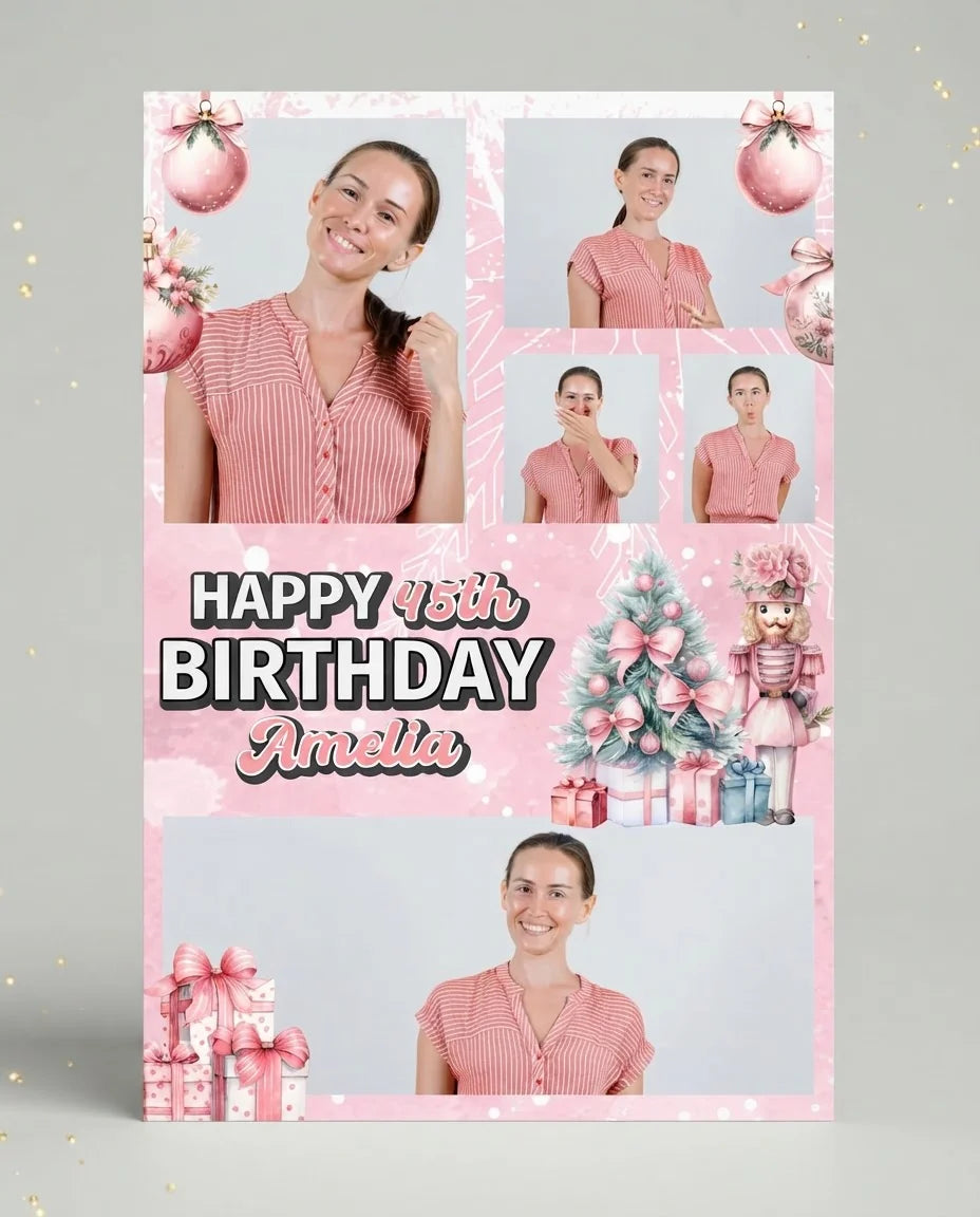 Personalised Pink Christmas Birthday Party Mega Card displayed against a plain studio background