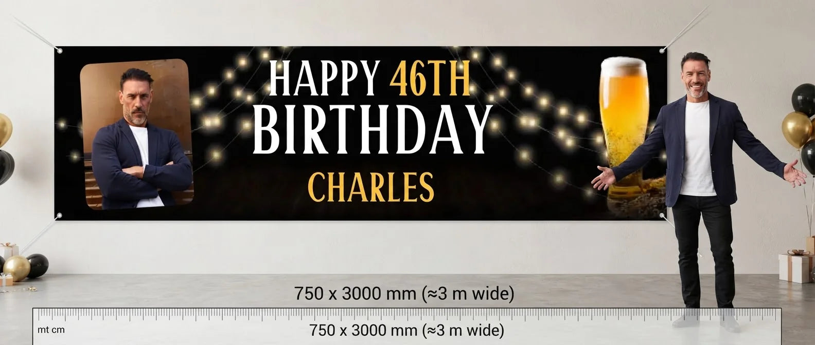 Person standing beside the Beer Celebrations Birthday Party Banner for scale, with size guide showing 750 x 3000 mm