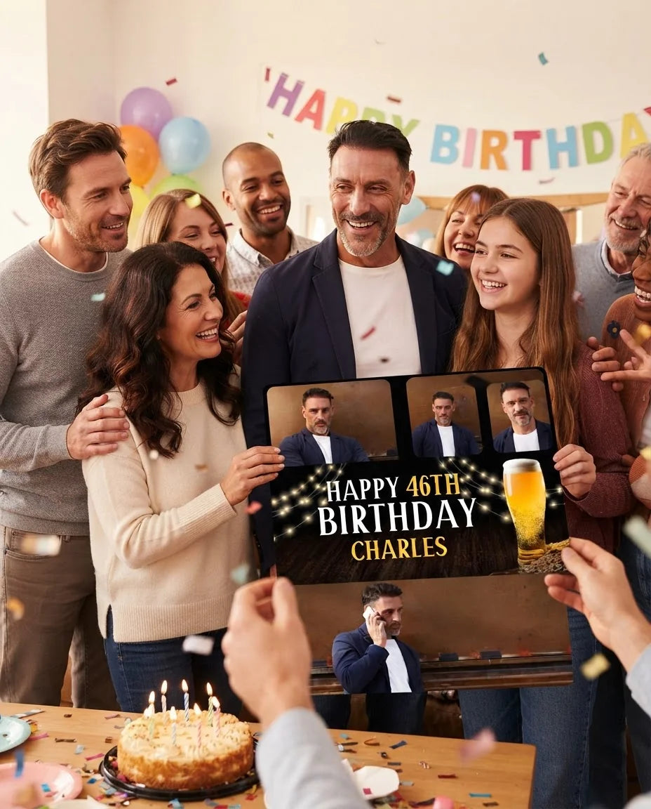 Friends and family celebrating with the personalised Beer Celebrations Birthday Party Mega Card